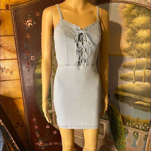 Baby Blue Denim Bodycon Mini Spaghetti Strap w/Top Laced Up Small - Picture 6 of 12